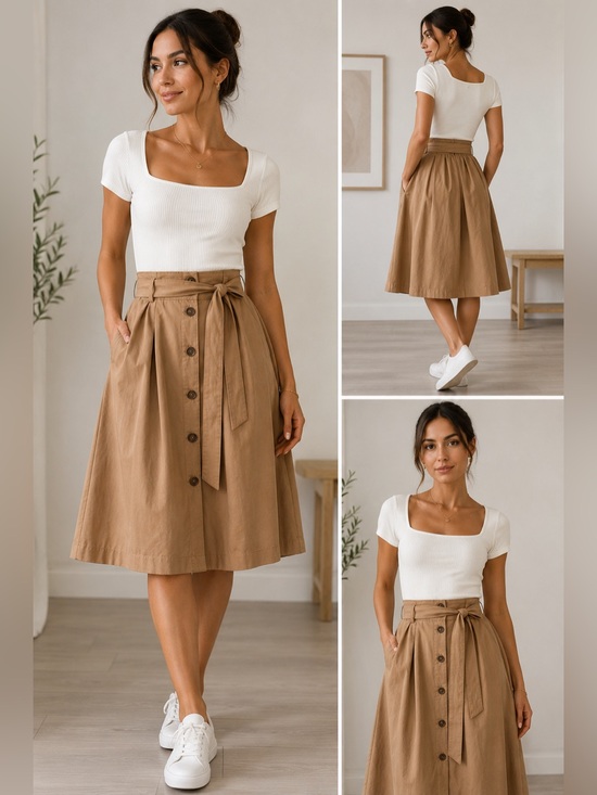 RW&CO. Dresses & Skirts - RW&CO. Cotton/Linen Button-Front Midi Skirt with Self-Tie Belt in Camel Brown